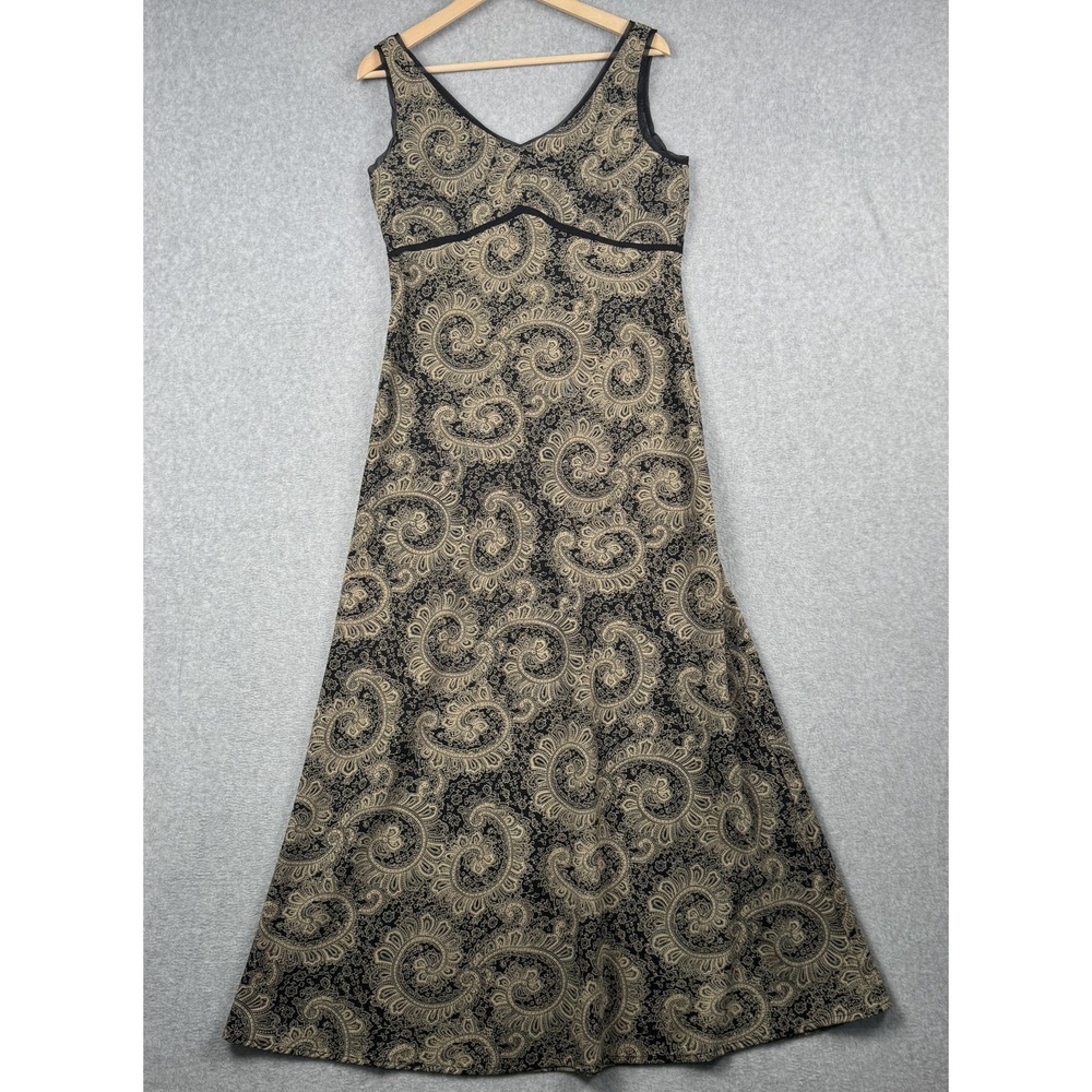 Old Navy Maxi Dress Womens 8 Tan Black Y2K 90s‎ Paisley Babydoll Boho Sleeveless